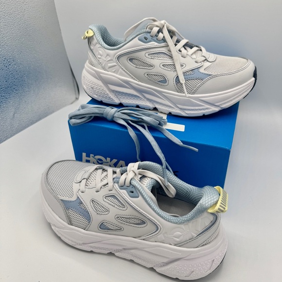 NWT Hoka Clifton L Leather Sneakers Cosmic Grey Varsity Navy Blue